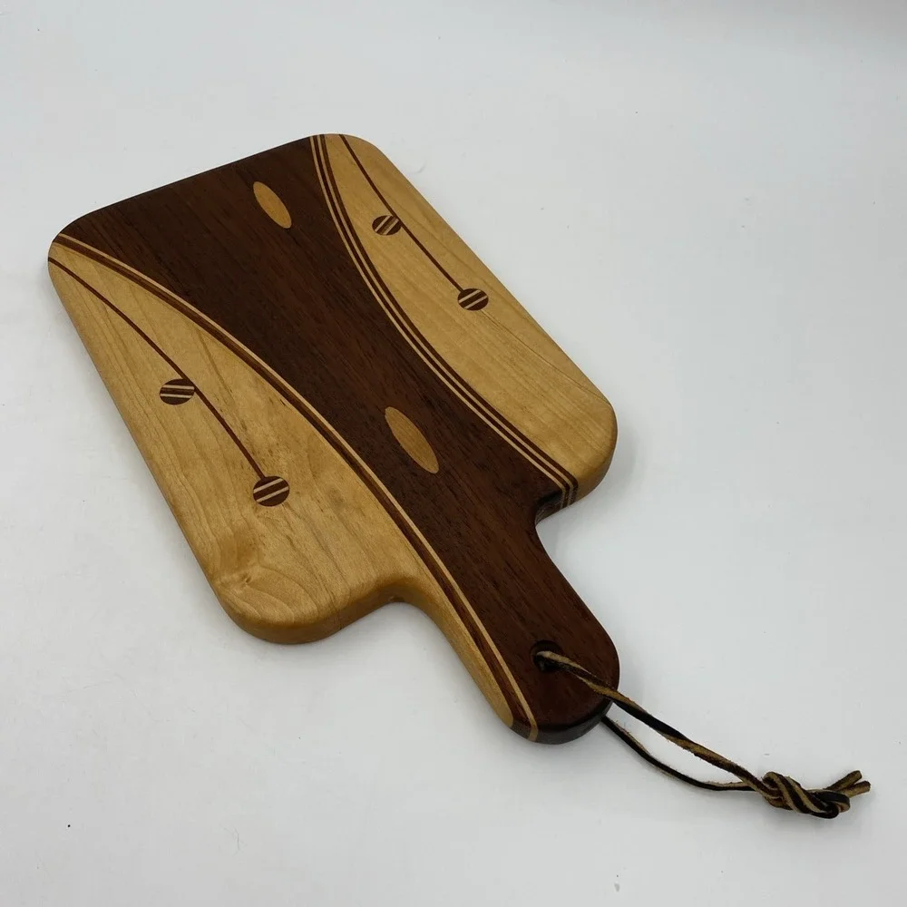 Handmade Wood Charcuterie Board Walnut Cherry Maple Small Round Inlay Cabin 6x9